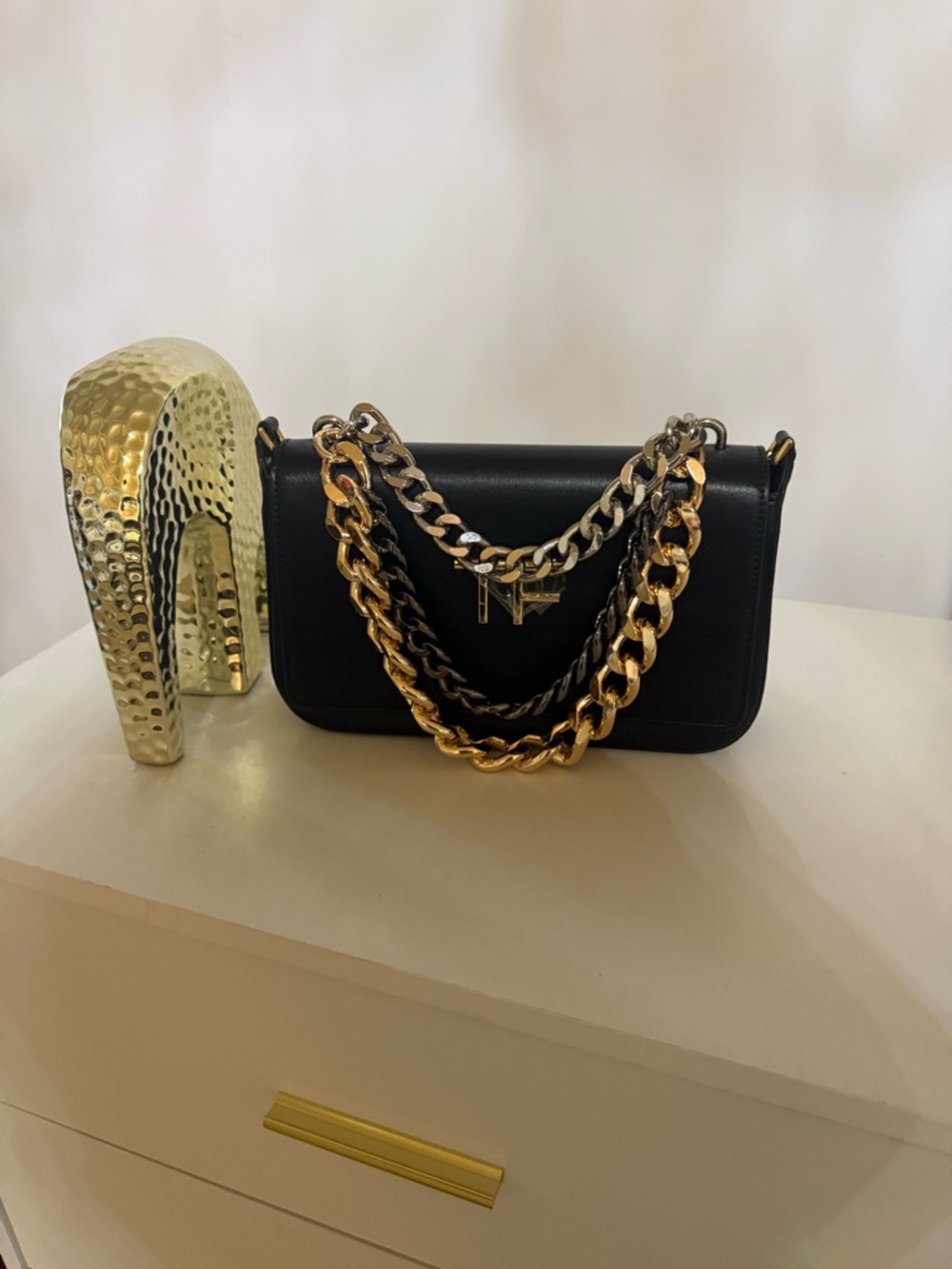 Black Shoulder Bag with Gold & Silver Chain Straps